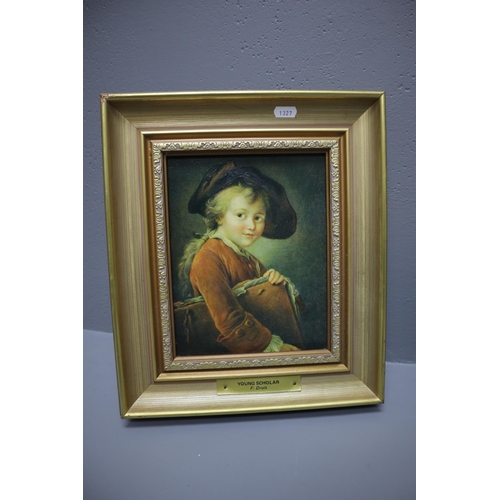 853 - Two Framed Classical Prints. Includes Young Scholar By F.Druis, And Capture of The Kent By L. Garner... 