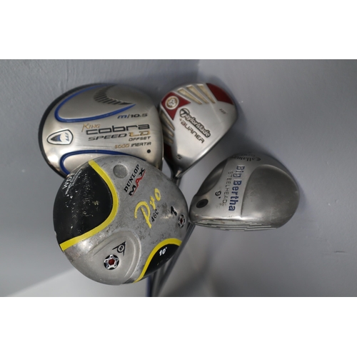 724 - Four golf drivers to include, Taylormade Burner 5 Wood 18 Degree l Regular Flex, Callaway Big B... 