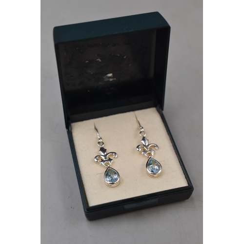 3 - Set of Fleur De Lis Silver 925 Blue Stoned Earrings Complete with Presentation Box