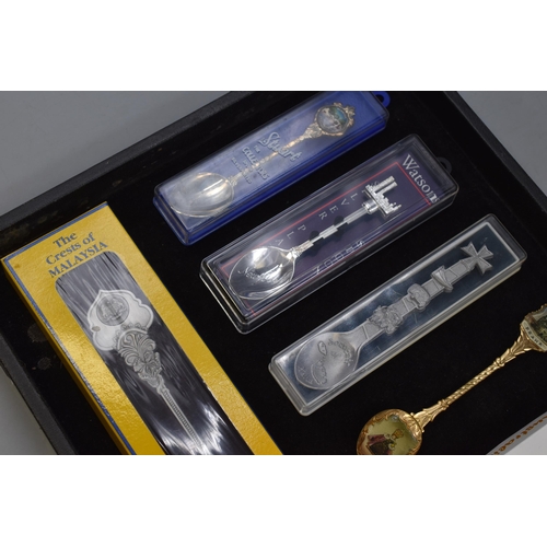 58 - Mixed Tray Including Silver Plated Crested Tea Spoons, Pill Boxes and Brass Shoe