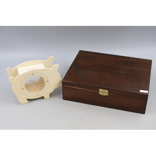 838 - Two Wooden items to include Tea Bag Holder Storage and Handmade Wooden Piggy Bank (ready to be paint... 