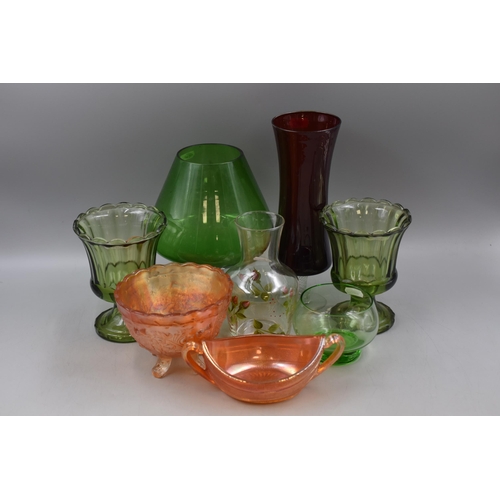 845 - Collection of Eight Pieces of Coloured Glass Items, to Include Carnival Glass Bowl, Hand Painted Vas... 