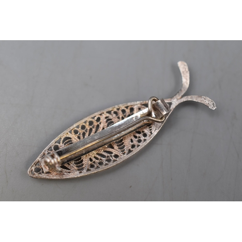 8 - Silver 925 Filigree Fish Brooch