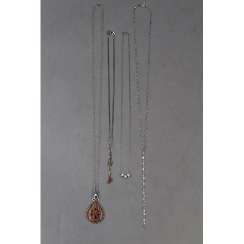 55 - Four Sterling Silver Necklaces. Includes Three Clear Stoned Beads, Unmarked Scales Pendant Necklace ... 