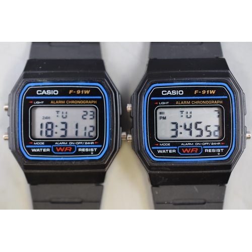 68 - Two Casio F-91W Digital Watches with Rubberised Straps (Working)