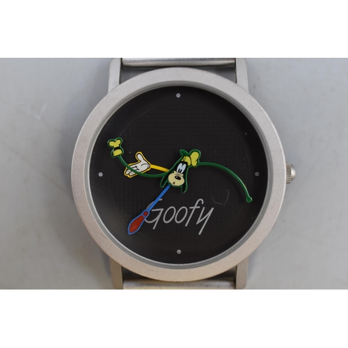 74 - Disney Time Works ' Goofy ' Wrist Watch, Stainless Steel Strap, Goofy's Ears Are The 'Hands' To Show... 