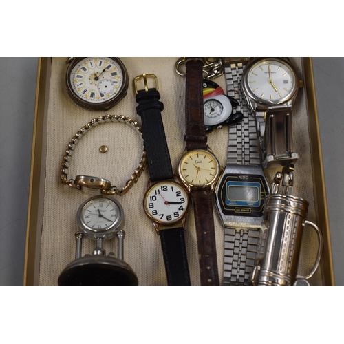 164 - A Mixed Selection of Watches and Clocks. Includes 935. Silver Cased Pocket Watch (AF), Sekonda, Mona... 