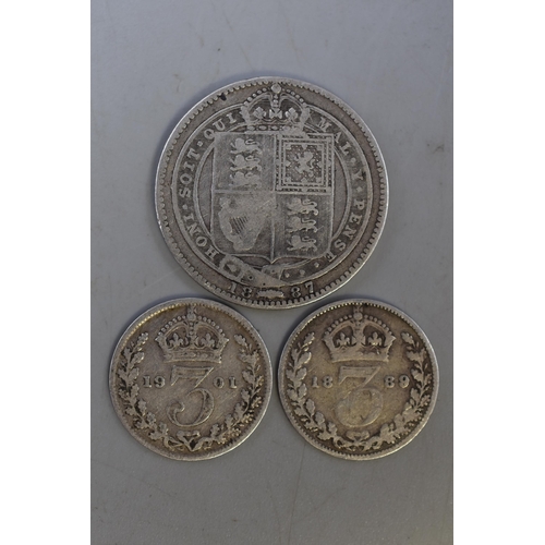 170 - Three UK Victorian Silver Coins. An 1887 Shilling, 1889 and 1901 Threepence