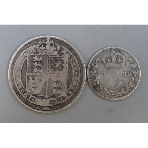 173 - Two UK Victorian Silver Coins. An 1889 Shilling And 1889 Threepence