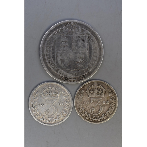 174 - Three Victorian Silver UK Coins. 1887 Shilling, 1891 and 1898 Threepence