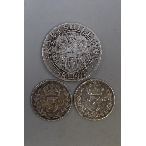 175 - Three UK Victorian Silver Coins. Includes 1896 Shilling, 1890 and 1900 threepence