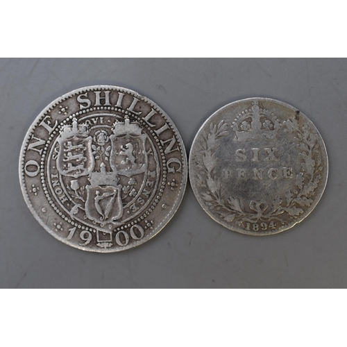 176 - Two Victorian Silver UK Coins. 1900 Shilling, And 1894 Sixpence