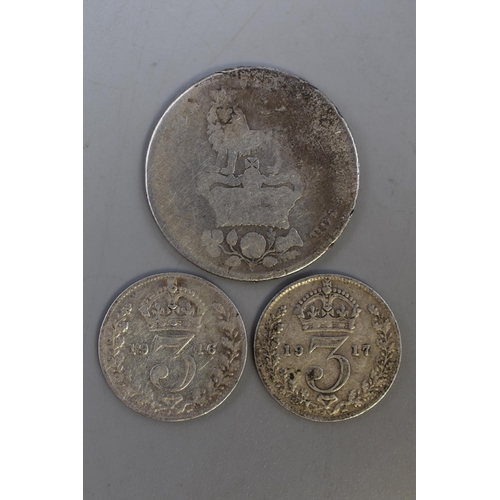 182 - Three UK Silver Coins. Includes 1826 Shilling, 1916 and 1917 Threepence