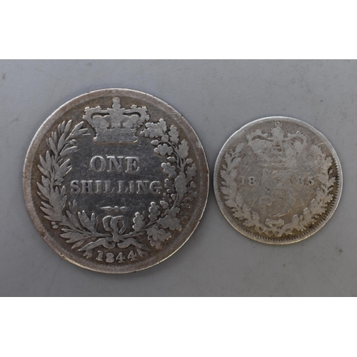 183 - Two UK Victorian Silver Coins. 1844 Shilling and 1885 Threepence