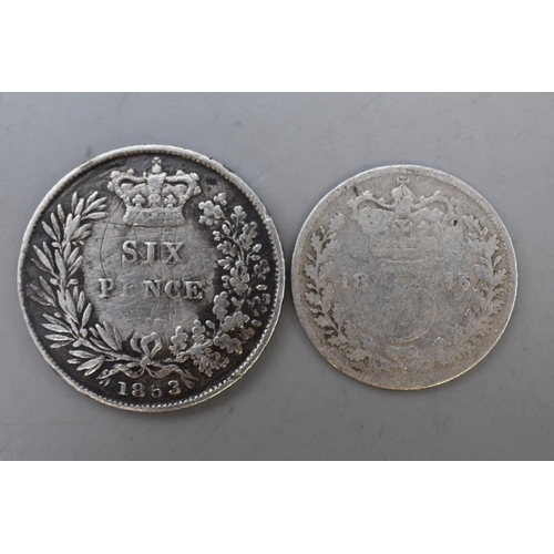 185 - Two UK Victorian Silver Coins. 1853 Sixpence and 1875 Threepence