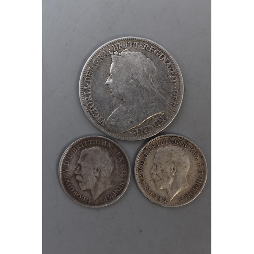 188 - Three UK Silver Coins. Includes 1896 Shilling, 1918 and 1919 Threepence