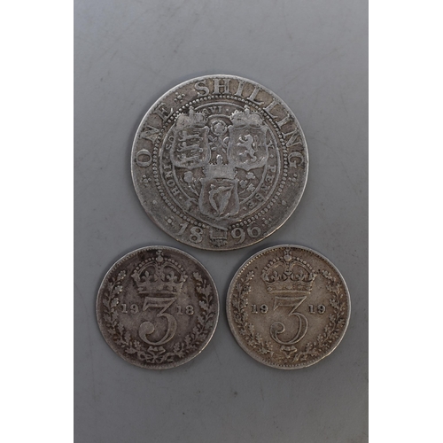 188 - Three UK Silver Coins. Includes 1896 Shilling, 1918 and 1919 Threepence