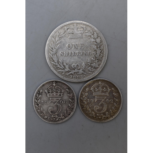 189 - Three UK Silver Coins. Includes 1881 Shilling, 1901 and 1902 Threepence