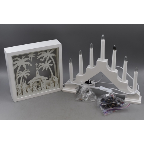 755 - Lumineo christmas window lights and a Lumineo light up nativity scene in a wooden frame, both boxed ... 