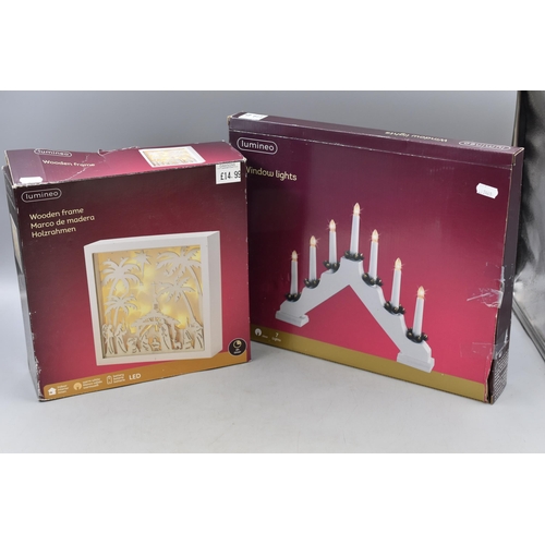 755 - Lumineo christmas window lights and a Lumineo light up nativity scene in a wooden frame, both boxed ... 