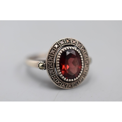 5 - Vintage Silver 925 Marcasite and Garnet Stoned Ring (Size S) Complete with Presentation Box