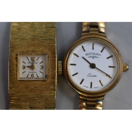 16 - Two Gold Tone Ladies Watches, Includes Rotary and Bentima. In Presentation Case