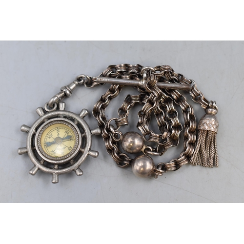 41 - Compass Set in Ships Wheel Mount with Pocket Chain and Silver T Bar Complete with Presentation Box