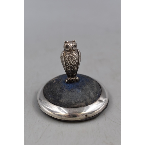 53 - Hallmarked Birmingham Silver Owl themed Hat Pin Holder