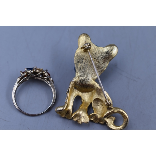 67 - Two Pieces of Designer Jewellery, To Include Cat Brooch and Multi Stoned Ring (Size S/T)