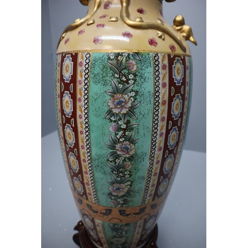 329 - Large Chinese Hand Painted Palace Vase Standing on Wooden Plinth (32