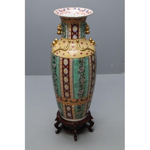 329 - Large Chinese Hand Painted Palace Vase Standing on Wooden Plinth (32