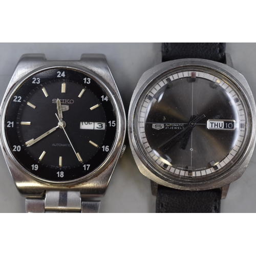 105 - Two Seiko 5 Automatic Day / Date Gents Watches Both Working But One has Broken Strap and the other r... 