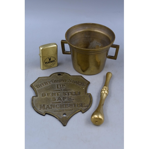 331 - Brass Mortar and Pestel, Playboy Lighter and Safe Plaque