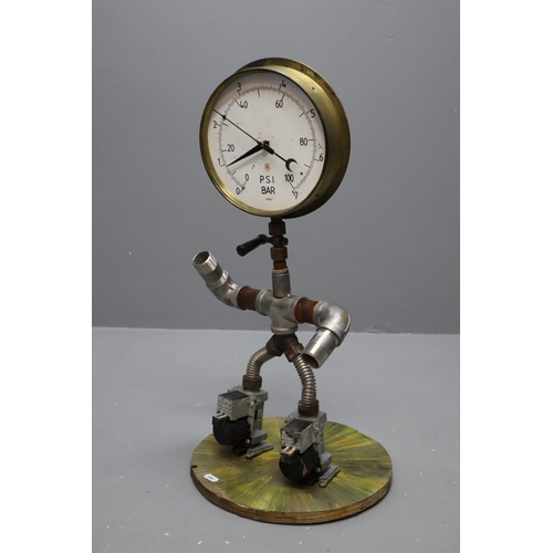 338 - Handmade Pressure Gauge Clock Figure on Wooden Plinth (25