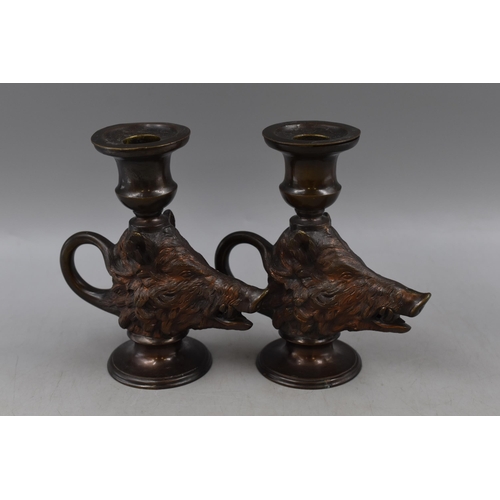 355 - Pair of Bronze Effect Wild Boar Candle Holders