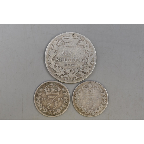 150 - Victoria Silver 1881 Shilling and a 1881 & 1889 Threepence