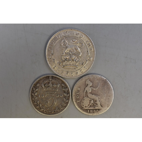 171 - George V Silver 1916 Sixpence, Victoria 1845 Groat and 1890 Threepence