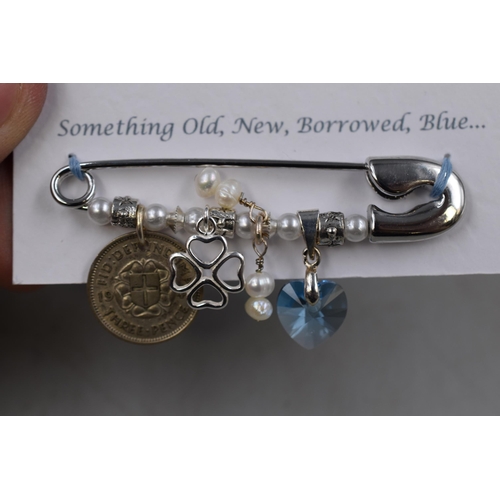 175 - A 'Something Old, New, Borrowed, Blue' Wedding Pin, With Silver Sixpence Charm and Sterling Silver F... 