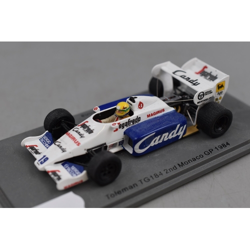 190 - Collection of Four Unboxed Model Cars, Attached to Plinths, Toleman TG184 2nd Monaco GP 1984- Ayrton... 