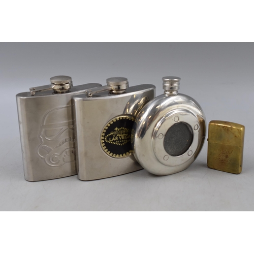 197 - A Mixed Selection To Include Parker Sonnet Pen and Pencil Set, Three Hip Flasks, And Brass Zippo Lig... 