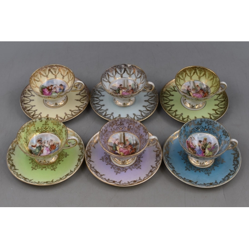 313 - A Set of Six Vintage German Cup and Saucers, With Adolf Kaufmann Prints to The Inside. In Various Co... 