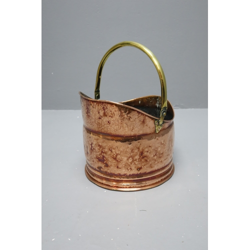 664 - A Copper Wood Handled Bed Warmer, With a Copper and Brass Coal Scuttle. Bed Warmer is Approx 41.5