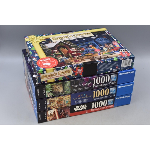 793 - Selection of 4 Jigsaw Puzzles Including Exotic Escape, Santa's Grotto, Fantasy Workshop and Star War... 