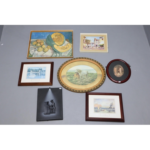 784 - 7 art works to include George Hann, Paula Modersohn Becker, a light up pianist (untested), horses, l... 