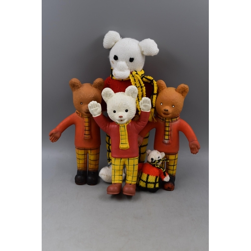 801 - Five Vintage Rupert The Bear Figures including Squeaky, Bendy, and Knitted