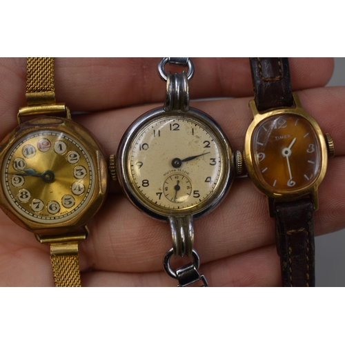 44 - Three Mechanical Ladies Watches, Includes Timex, Vintage Roamer and Other. All Working