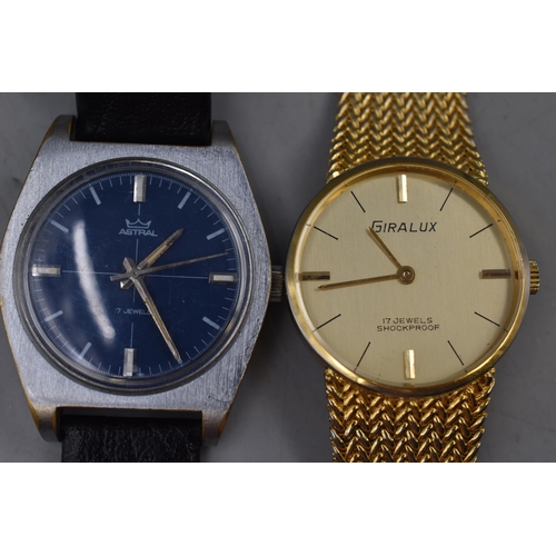 82 - Two Mechanical Watches, Includes Giralux 17 Jewels and Astral 7 Jewels. Both Working