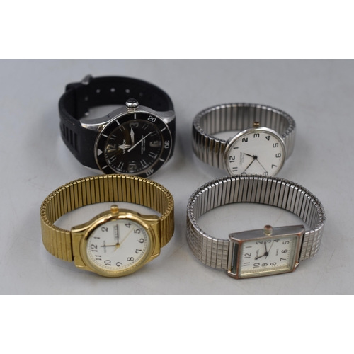 85 - Four Gents Quartz Watches, To Include Viceroy, Ravel, Sekonda and Other. All Working. One Has Damage... 