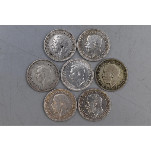 107 - Seven Silver Three Pence Coins (1920,1933,1934,1935,1936,1937, and 1939)