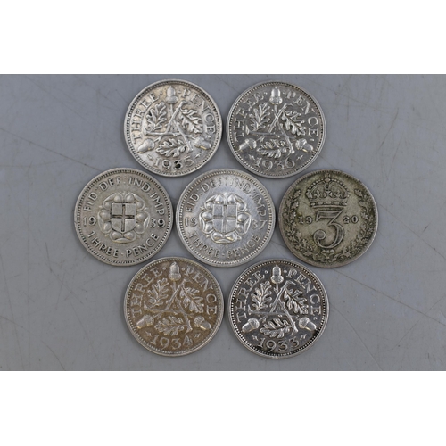 107 - Seven Silver Three Pence Coins (1920,1933,1934,1935,1936,1937, and 1939)